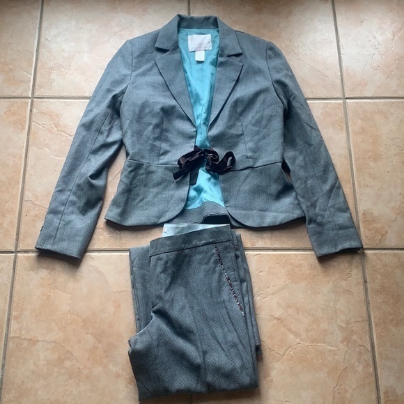 90’s Rebecca Taylor Grey & Brown Striped Wool Suit Set Size 8 Vintage - Picture 1 of 15